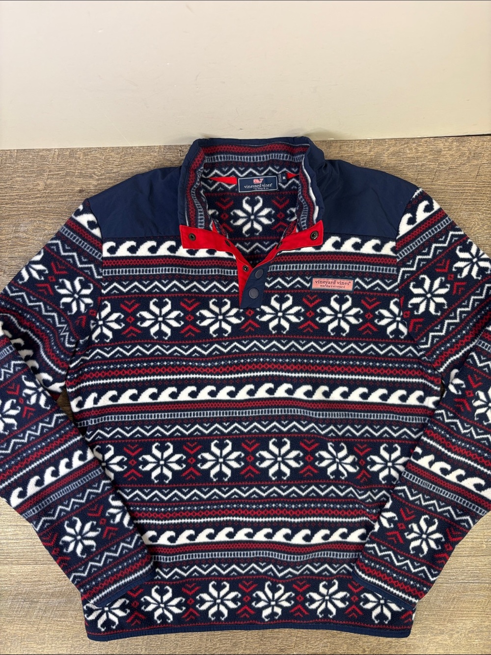 Vineyard Vines Men’s Fair Isle Snowflake Fleece Snap Pullover Navy Red M